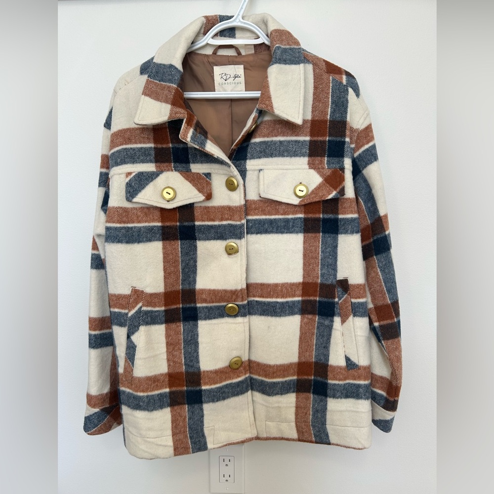 RD Style Cream and Brown Plaid Utility Jacket